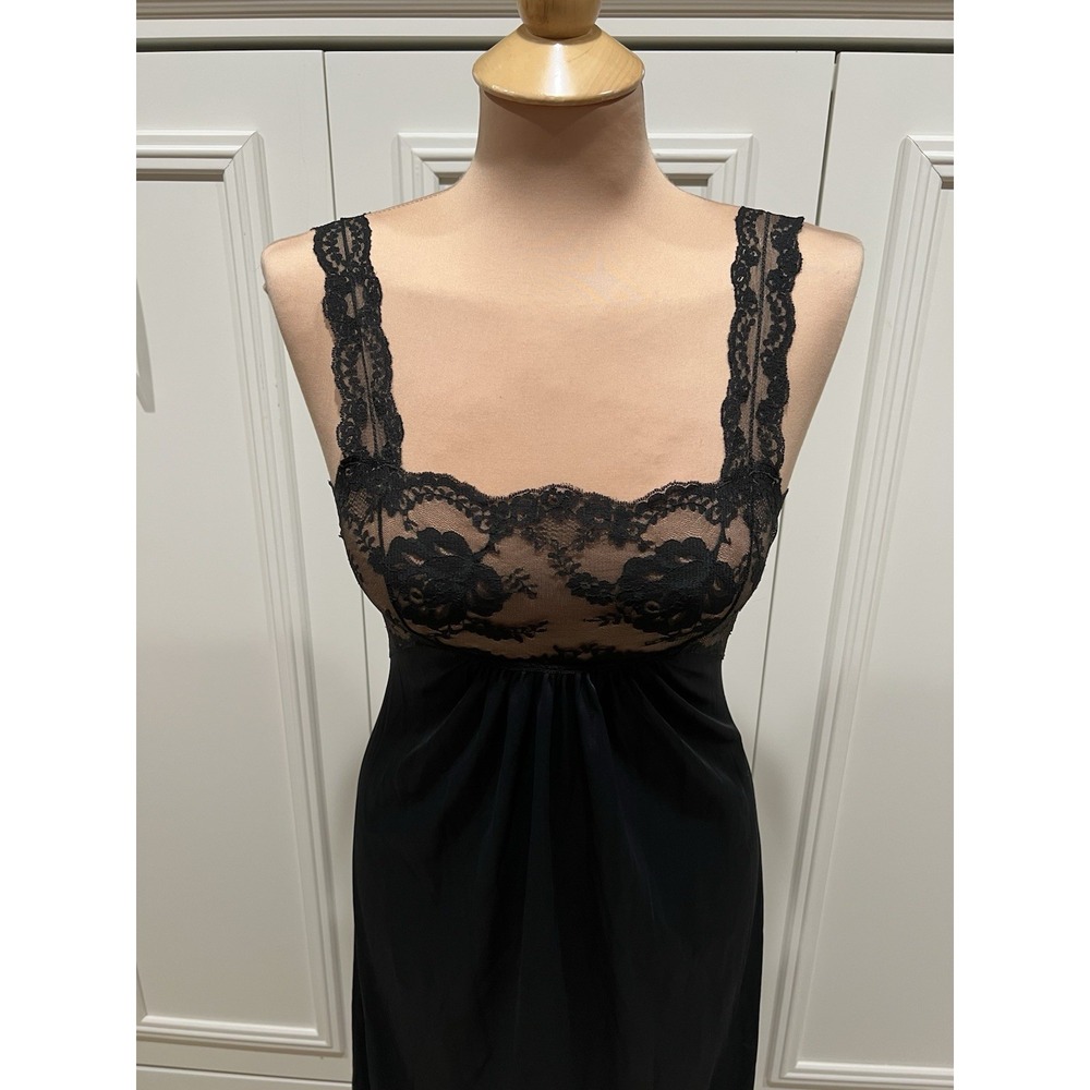 Vintage Montgomery Ward Black Long Slip Nightgown Lace Romantic Sexy Whimsigoth - Picture 2 of 7